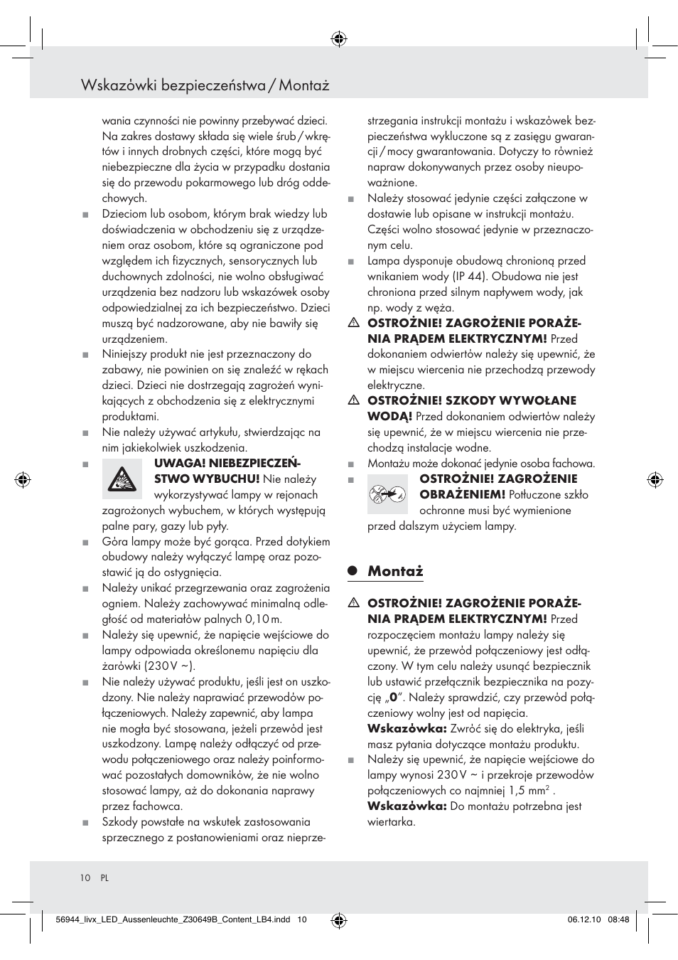 Wskazόwki bezpieczeństwa / montaż, Montaż | Livarno Wall Light User Manual | Page 8 / 38