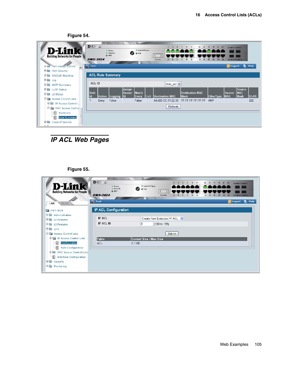 Ip acl web pages | D-Link UNIFIED WIRED & WIRELESS ACCESS SYSTEM DWS-3000 User Manual | Page 105 / 174