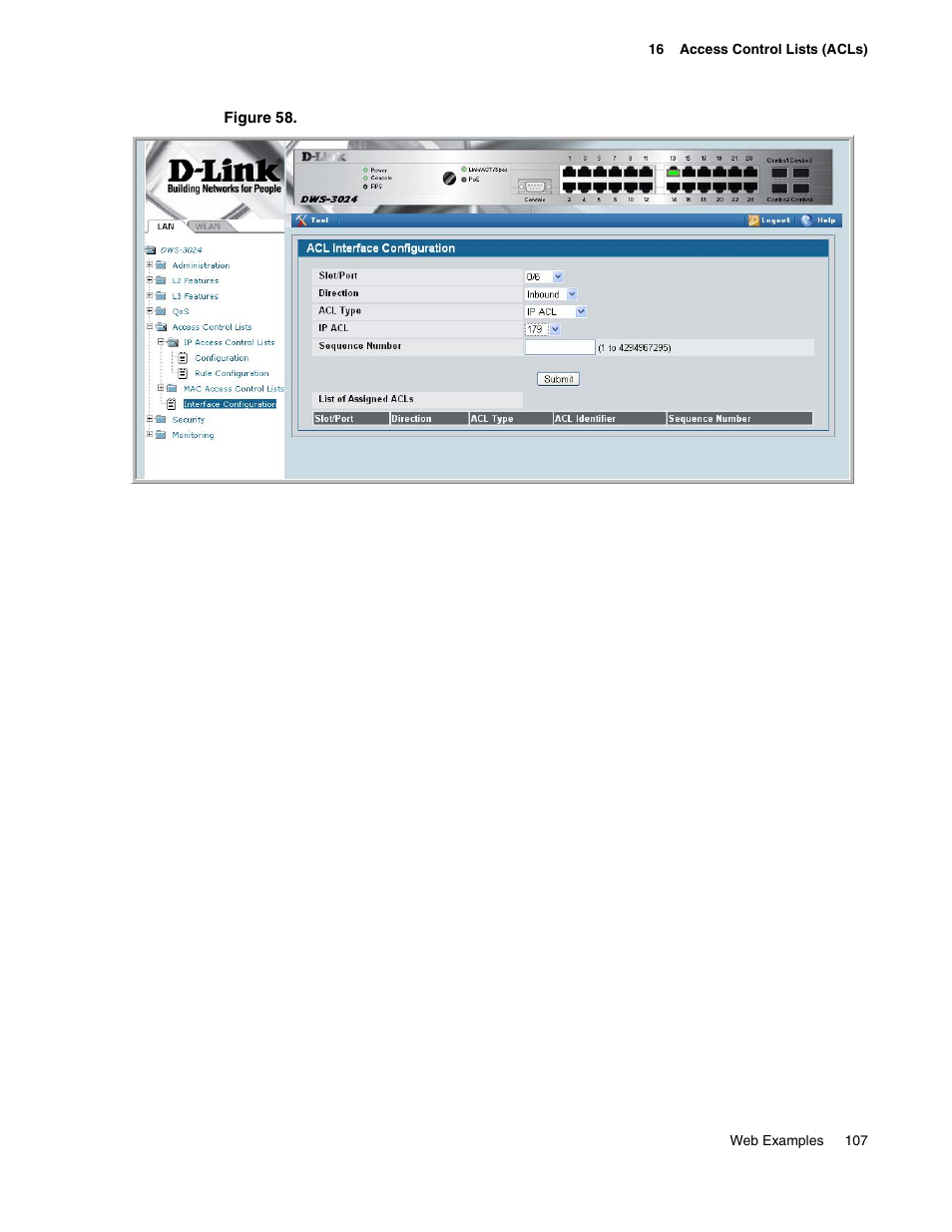 Figure 58. attach ip acl to an interface | D-Link UNIFIED WIRED & WIRELESS ACCESS SYSTEM DWS-3000 User Manual | Page 107 / 174