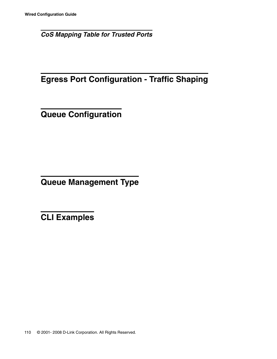 Cos mapping table for trusted ports, Egress port configuration - traffic shaping, Queue configuration | Queue management type, Cli examples | D-Link UNIFIED WIRED & WIRELESS ACCESS SYSTEM DWS-3000 User Manual | Page 110 / 174