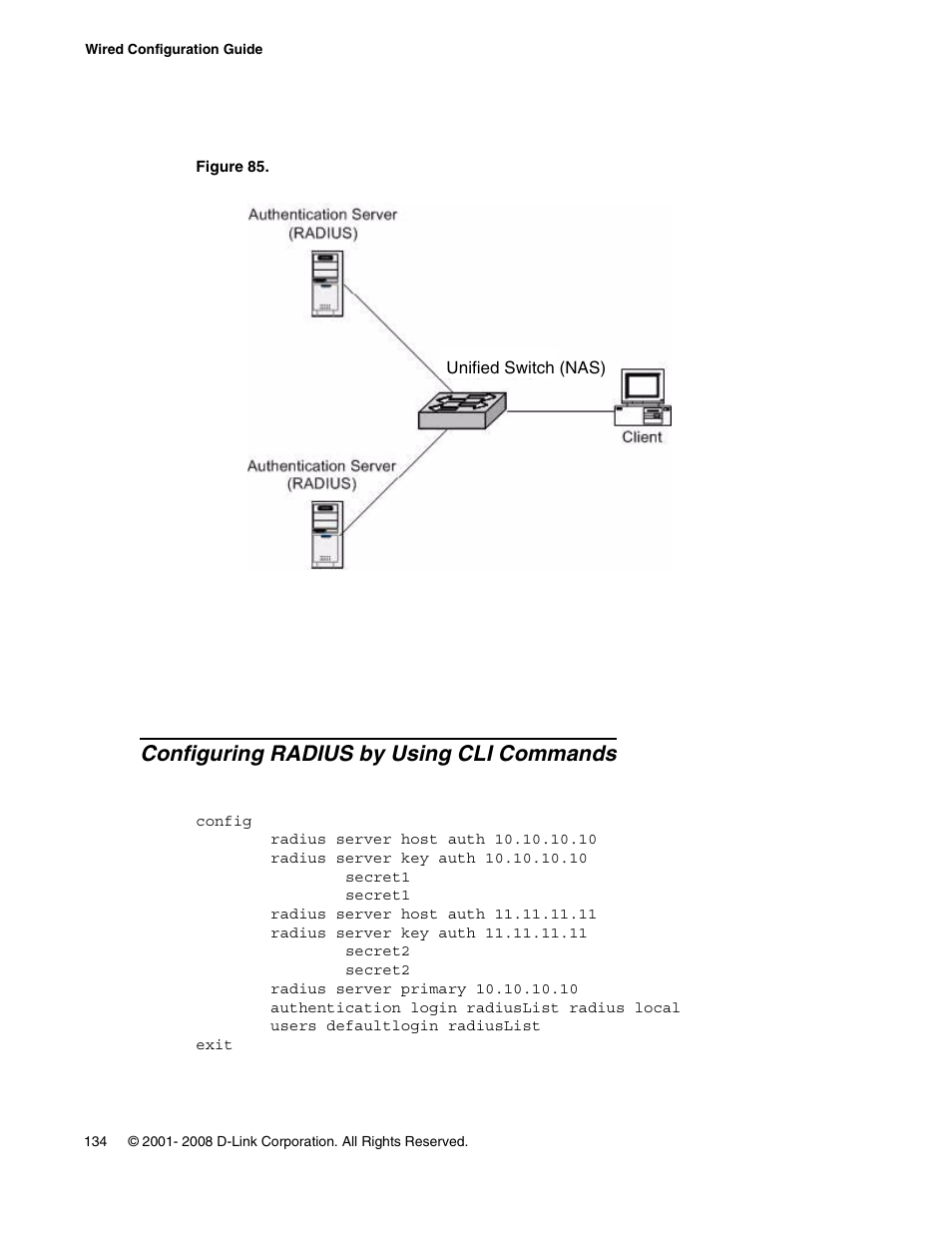 Configuring radius by using cli commands, Figure 85. radius servers in a dws-3000 network | D-Link UNIFIED WIRED & WIRELESS ACCESS SYSTEM DWS-3000 User Manual | Page 134 / 174