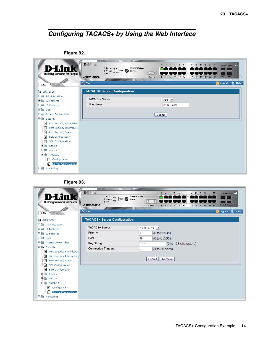 Configuring tacacs+ by using the web interface | D-Link UNIFIED WIRED & WIRELESS ACCESS SYSTEM DWS-3000 User Manual | Page 141 / 174