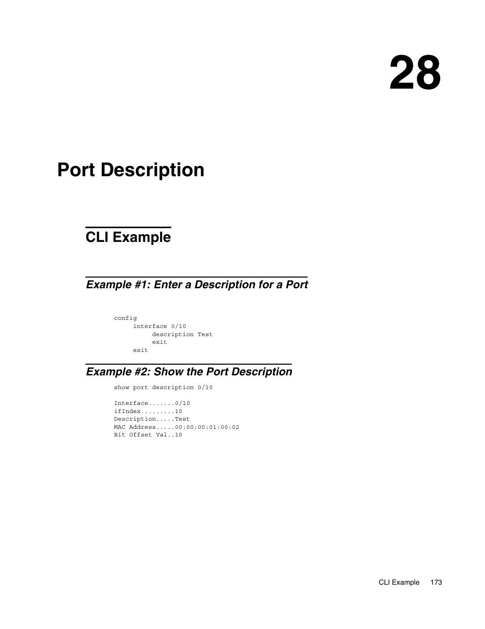 Port description, Cli example, Example #1: enter a description for a port | Example #2: show the port description, 28 port description | D-Link UNIFIED WIRED & WIRELESS ACCESS SYSTEM DWS-3000 User Manual | Page 173 / 174