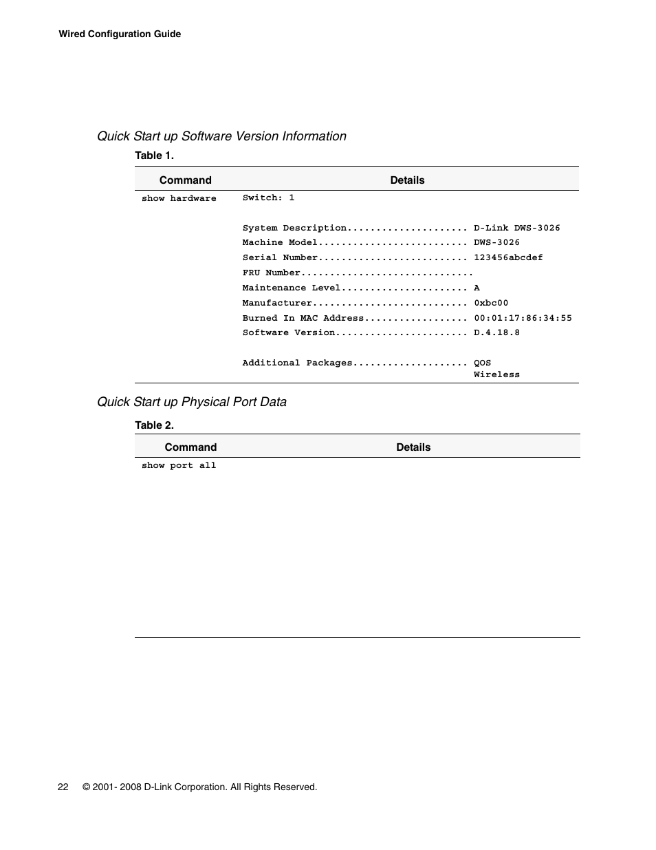 Quick start up software version information, Quick start up physical port data | D-Link UNIFIED WIRED & WIRELESS ACCESS SYSTEM DWS-3000 User Manual | Page 22 / 174