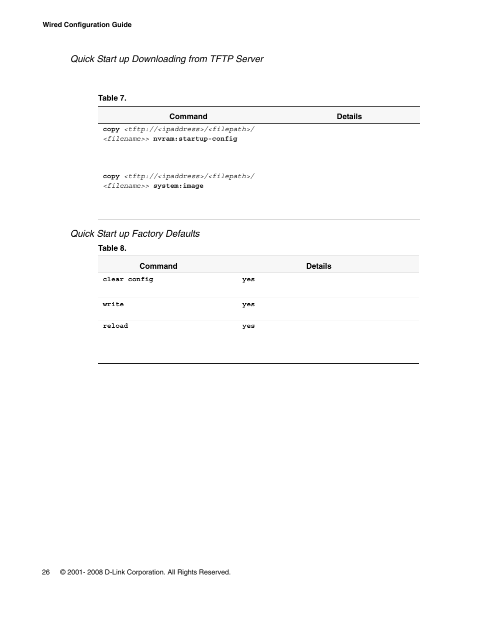 Quick start up downloading from tftp server, Quick start up factory defaults | D-Link UNIFIED WIRED & WIRELESS ACCESS SYSTEM DWS-3000 User Manual | Page 26 / 174