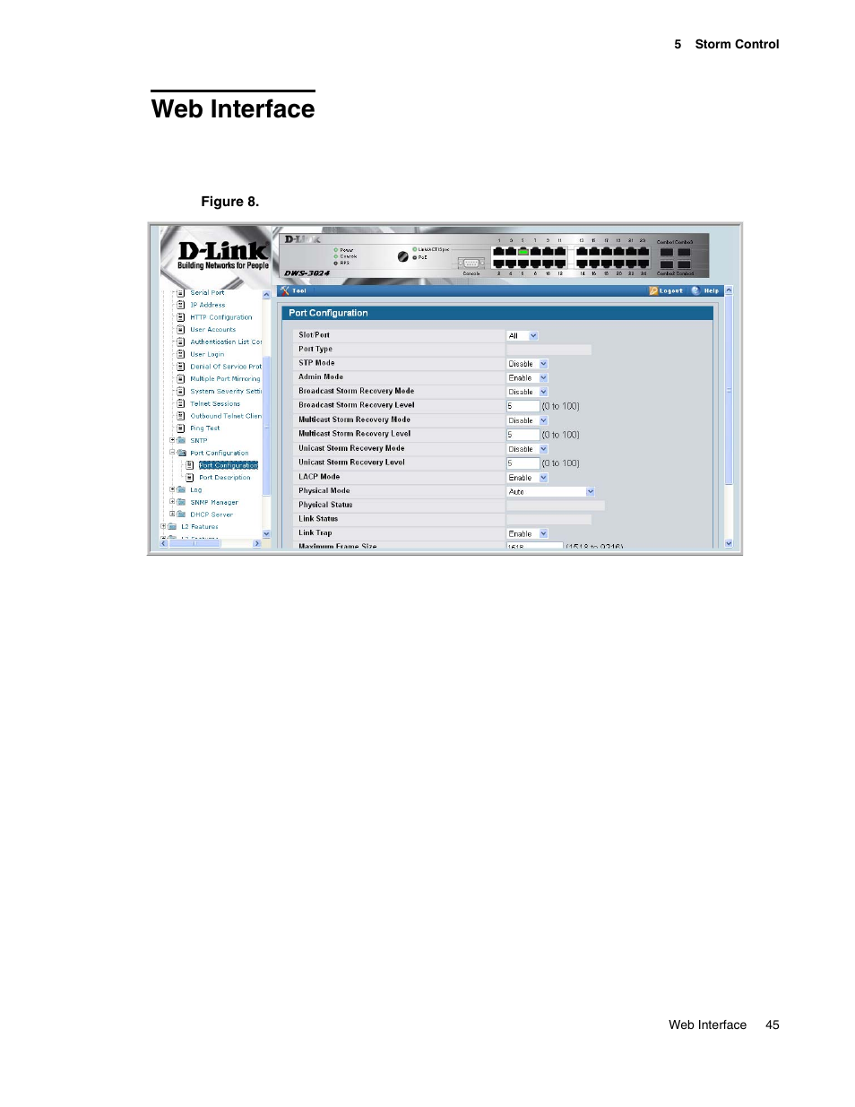 Web interface, Figure 8. port configuration (storm control) | D-Link UNIFIED WIRED & WIRELESS ACCESS SYSTEM DWS-3000 User Manual | Page 45 / 174