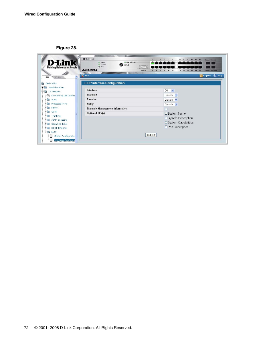 Figure 28. lldp interface configuration | D-Link UNIFIED WIRED & WIRELESS ACCESS SYSTEM DWS-3000 User Manual | Page 72 / 174