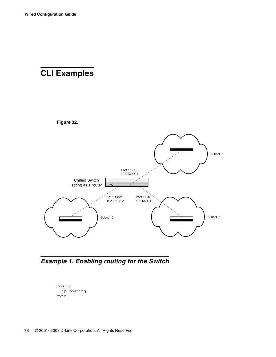 Cli examples, Example 1. enabling routing for the switch, Figure 32. port routing example network diagram | D-Link UNIFIED WIRED & WIRELESS ACCESS SYSTEM DWS-3000 User Manual | Page 78 / 174