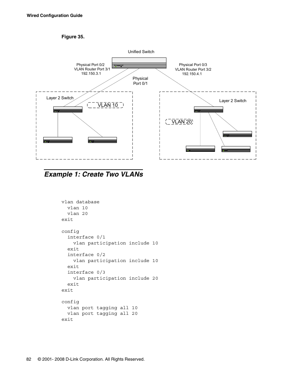 Example 1: create two vlans, Figure 35. vlan routing example network diagram | D-Link UNIFIED WIRED & WIRELESS ACCESS SYSTEM DWS-3000 User Manual | Page 82 / 174