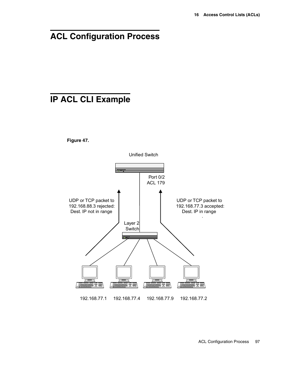 Acl configuration process, Ip acl cli example, Figure 47. ip acl example network diagram | D-Link UNIFIED WIRED & WIRELESS ACCESS SYSTEM DWS-3000 User Manual | Page 97 / 174