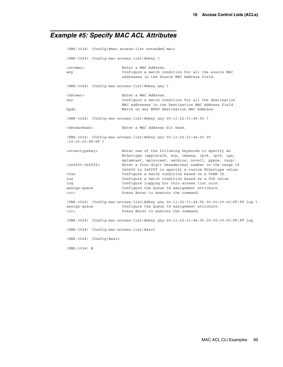 Example #5: specify mac acl attributes | D-Link UNIFIED WIRED & WIRELESS ACCESS SYSTEM DWS-3000 User Manual | Page 99 / 174