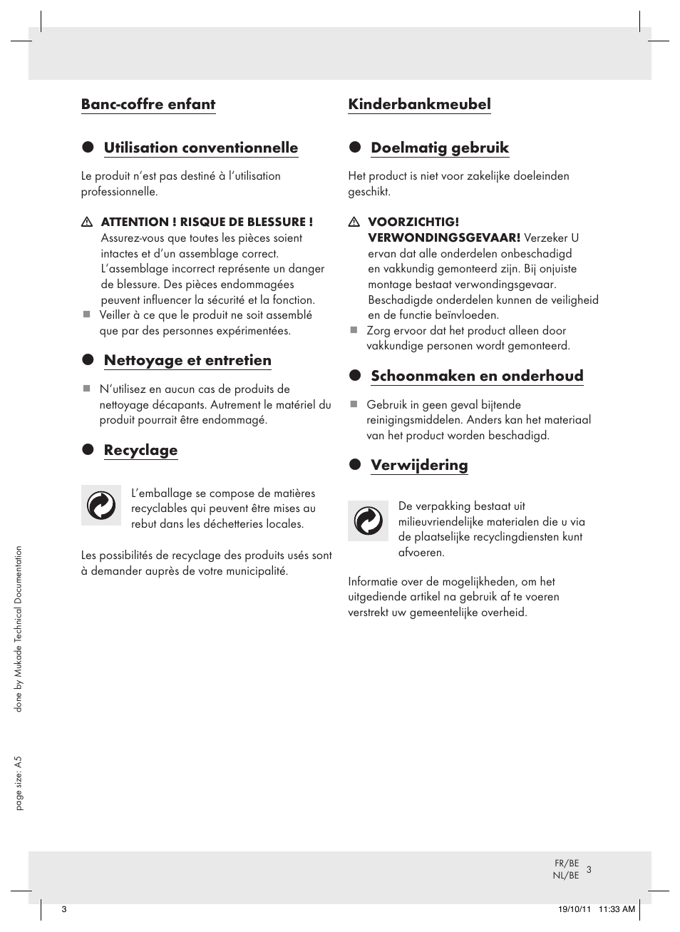 Banc-coffre enfant  utilisation conventionnelle, Nettoyage et entretien, Recyclage | Kinderbankmeubel  doelmatig gebruik, Schoonmaken en onderhoud, Verwijdering | Livarno Z31082 User Manual | Page 3 / 8