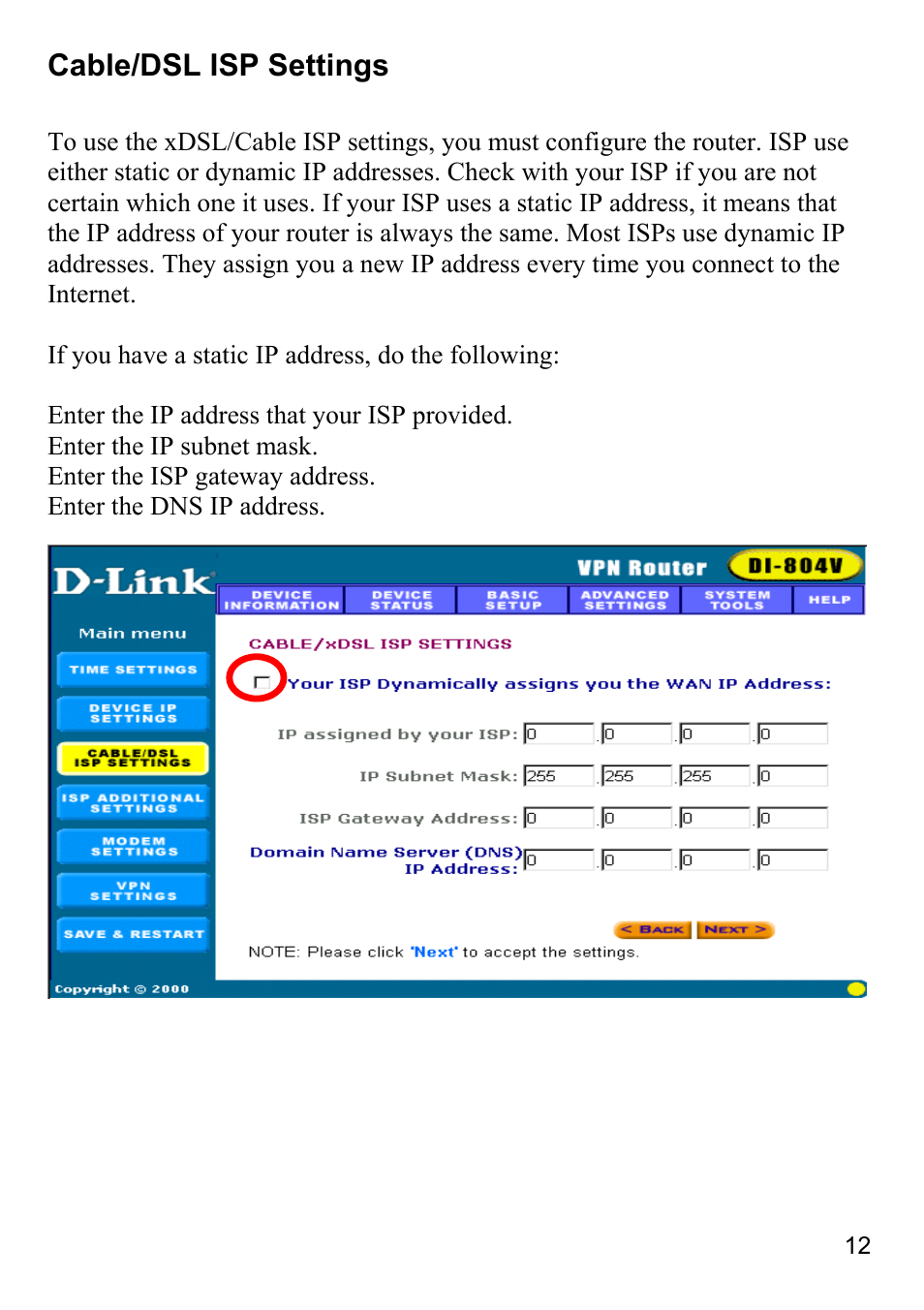 Cable/dsl isp settings | D-Link DI-804V User Manual | Page 12 / 52