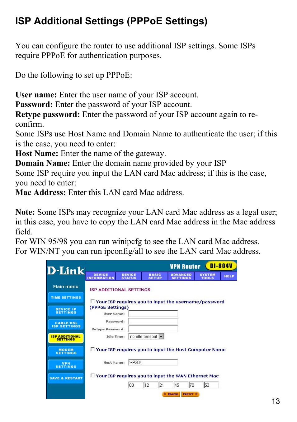 Isp additional settings (pppoe settings) | D-Link DI-804V User Manual | Page 13 / 52