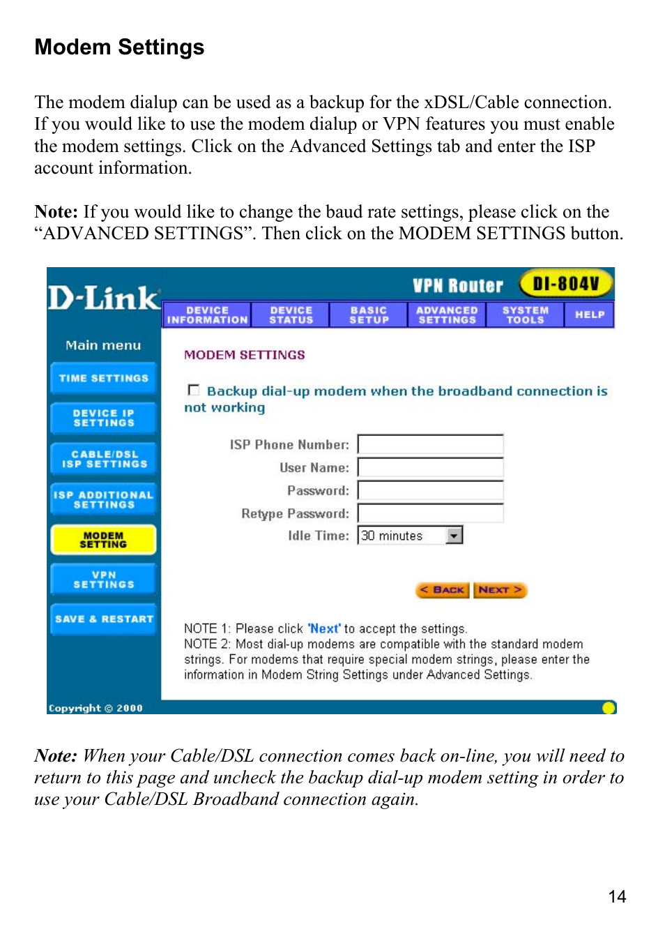 Modem settings | D-Link DI-804V User Manual | Page 14 / 52