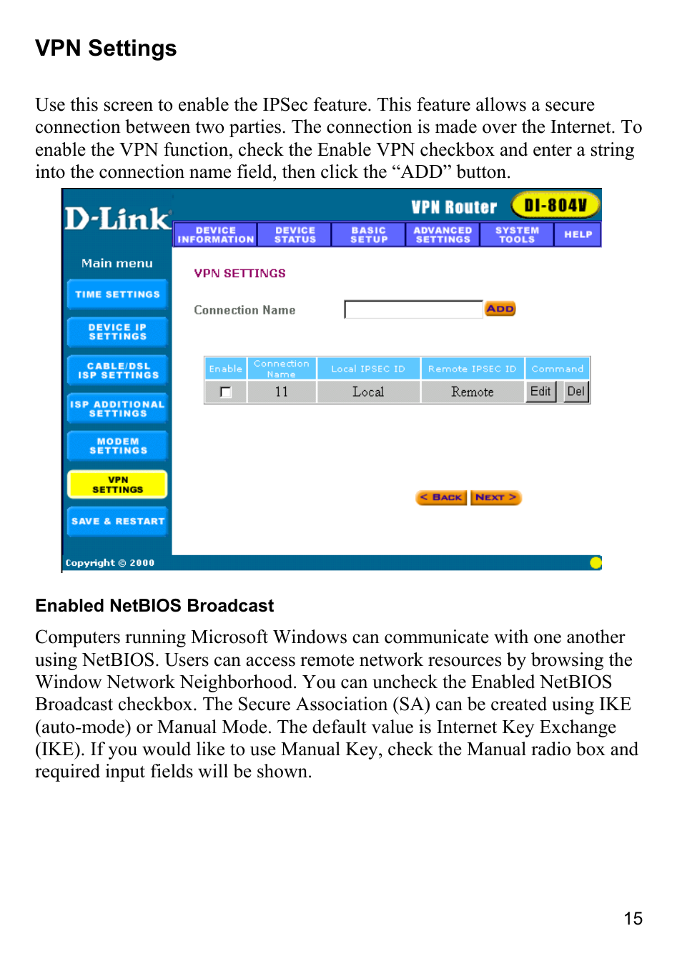 Vpn settings | D-Link DI-804V User Manual | Page 15 / 52