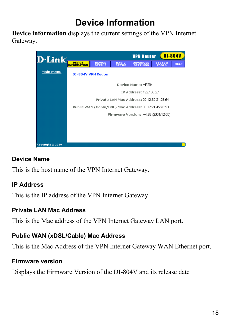 Device information | D-Link DI-804V User Manual | Page 18 / 52