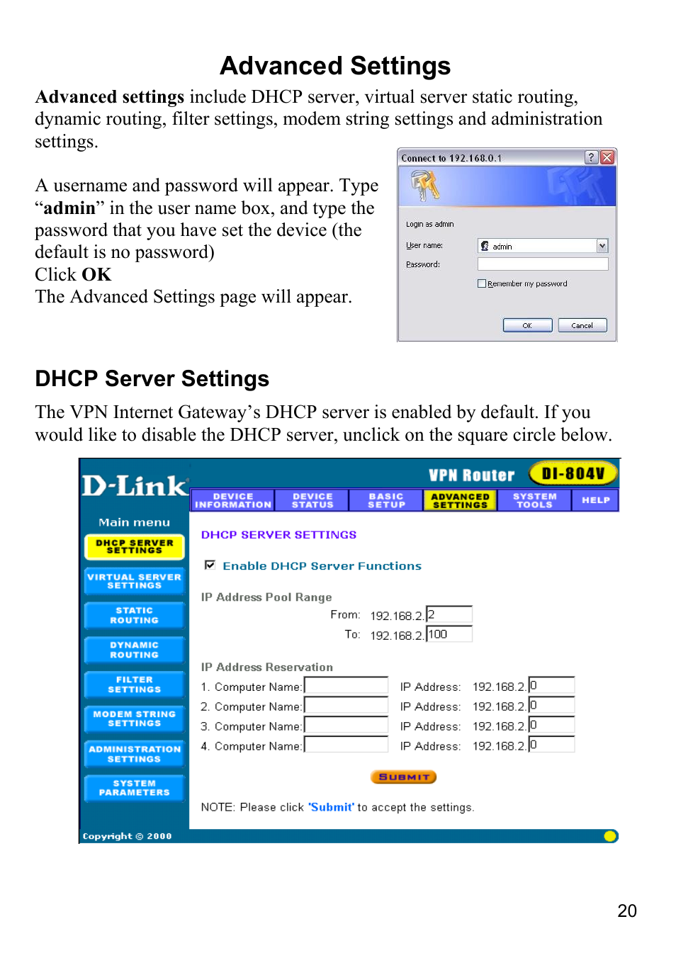 Advanced settings, Dhcp server settings | D-Link DI-804V User Manual | Page 20 / 52