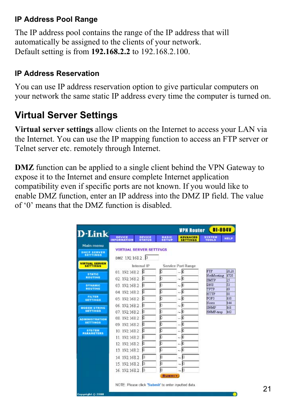 Virtual server settings | D-Link DI-804V User Manual | Page 21 / 52