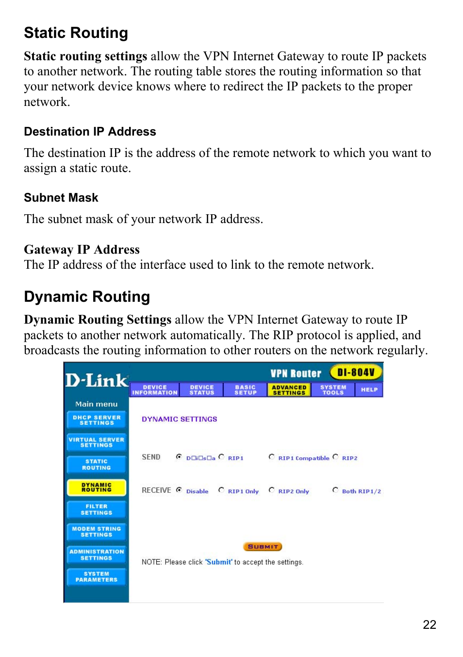 Static routing, Dynamic routing | D-Link DI-804V User Manual | Page 22 / 52