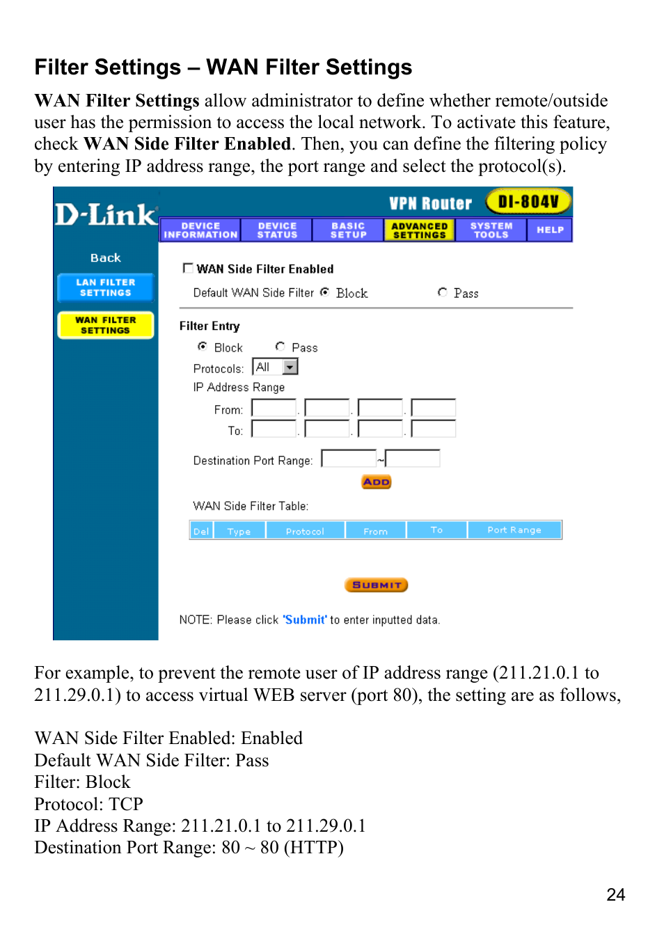 Wan filter settings, Filter settings – wan filter settings | D-Link DI-804V User Manual | Page 24 / 52