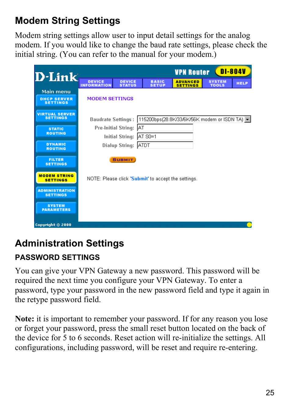 Modem string settings, Administration settings, Password settings | D-Link DI-804V User Manual | Page 25 / 52