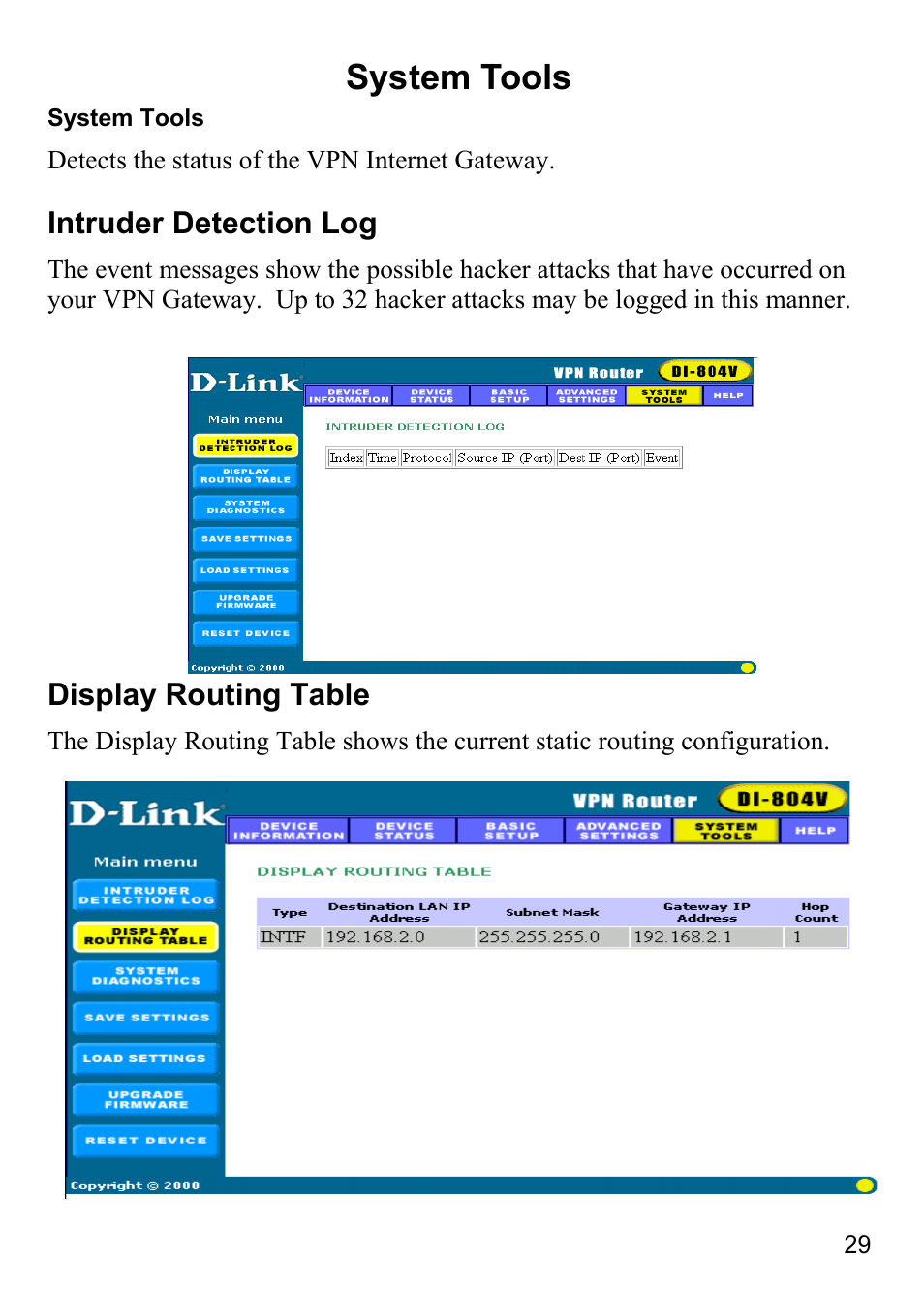 System tools, Intruder detection log, Display routing table | D-Link DI-804V User Manual | Page 29 / 52