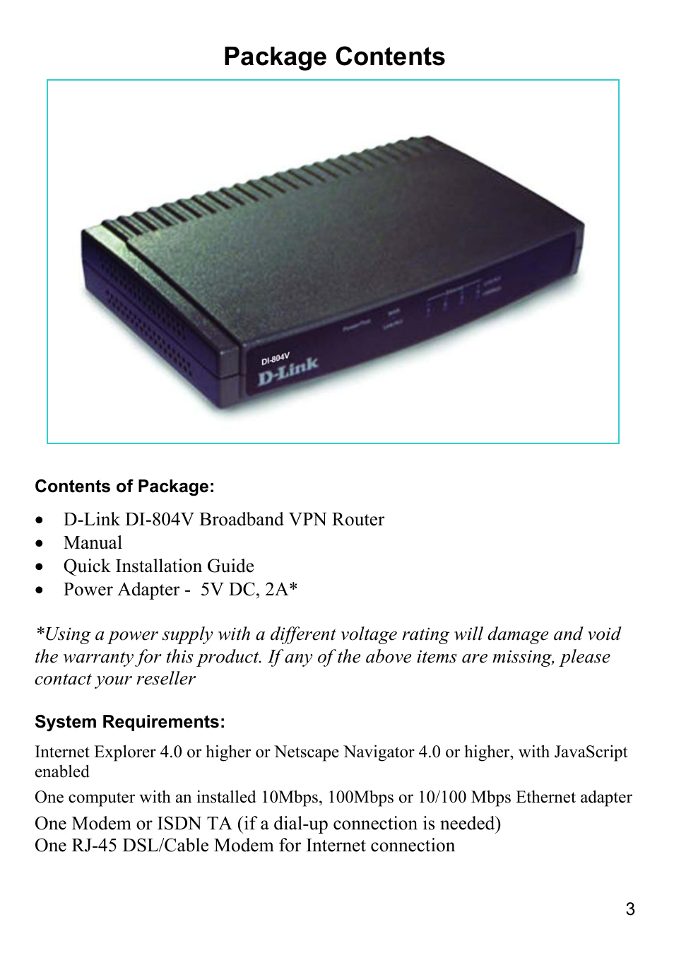 Package contents, System requirements | D-Link DI-804V User Manual | Page 3 / 52