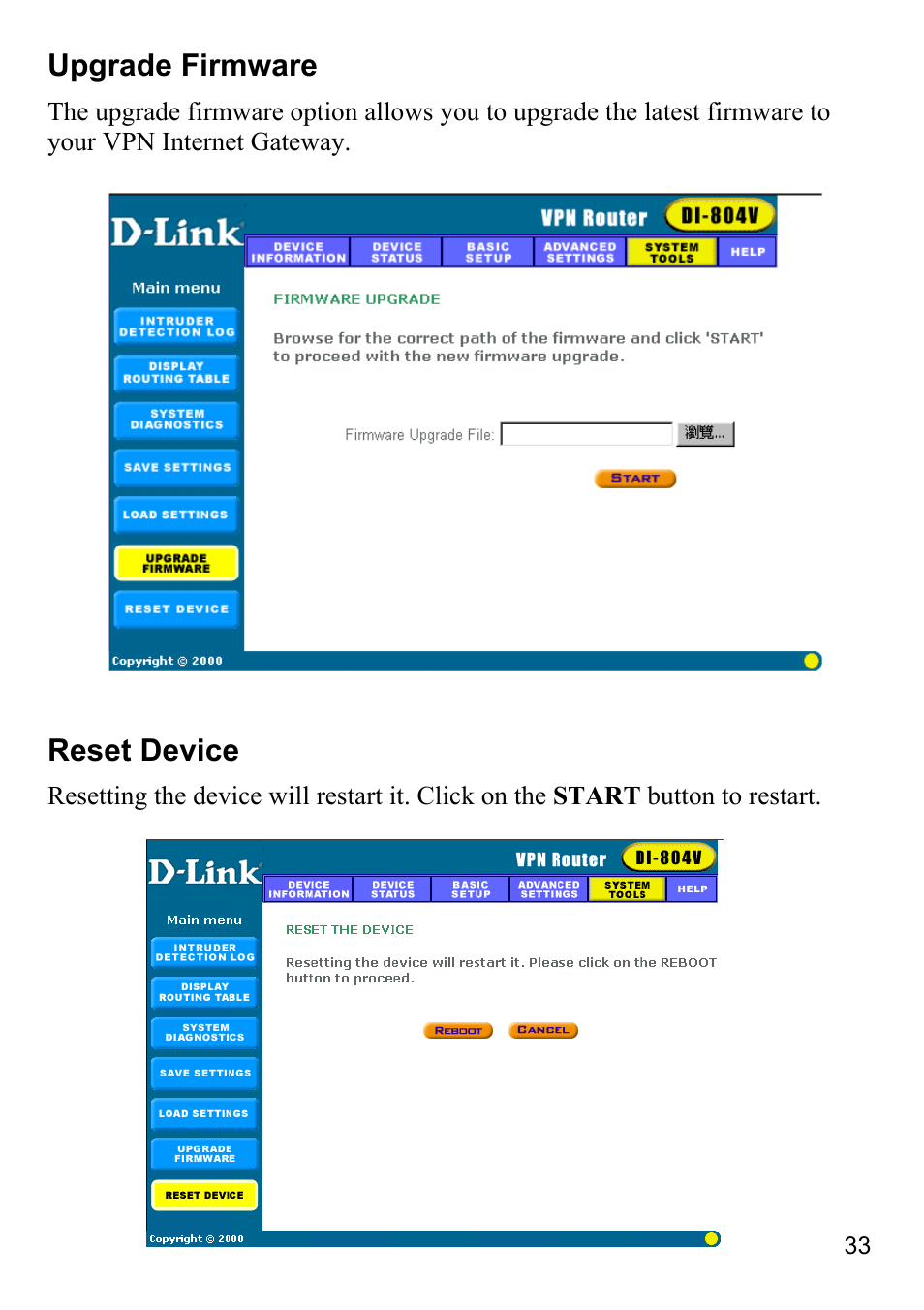 Upgrade firmware, Reset device | D-Link DI-804V User Manual | Page 33 / 52