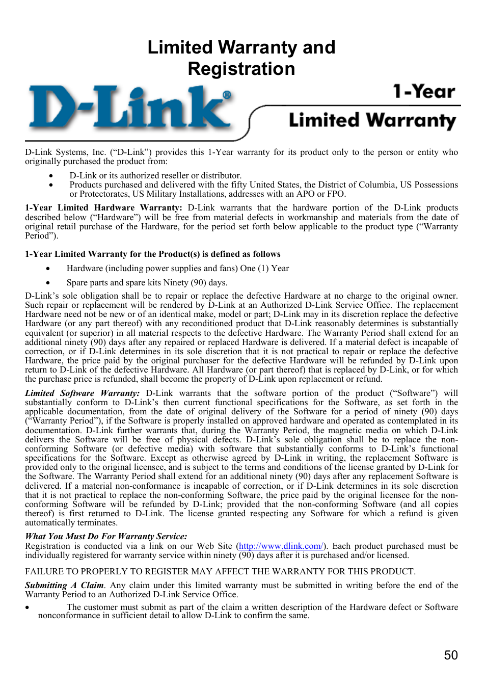 Limited warranty and registration | D-Link DI-804V User Manual | Page 50 / 52