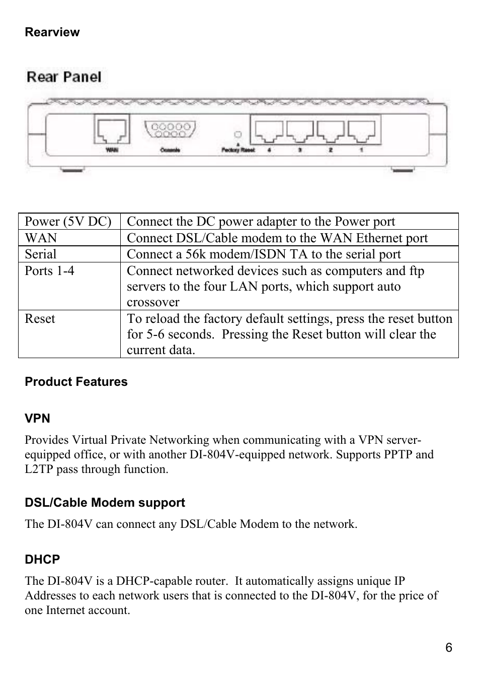 Rear view, Product features | D-Link DI-804V User Manual | Page 6 / 52