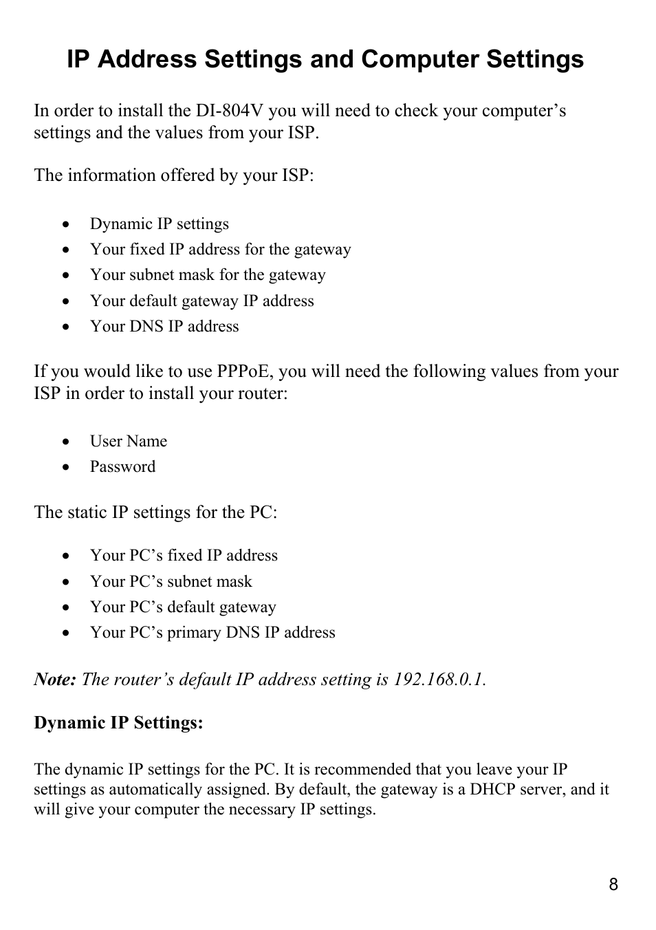 Ip address settings and computer settings | D-Link DI-804V User Manual | Page 8 / 52