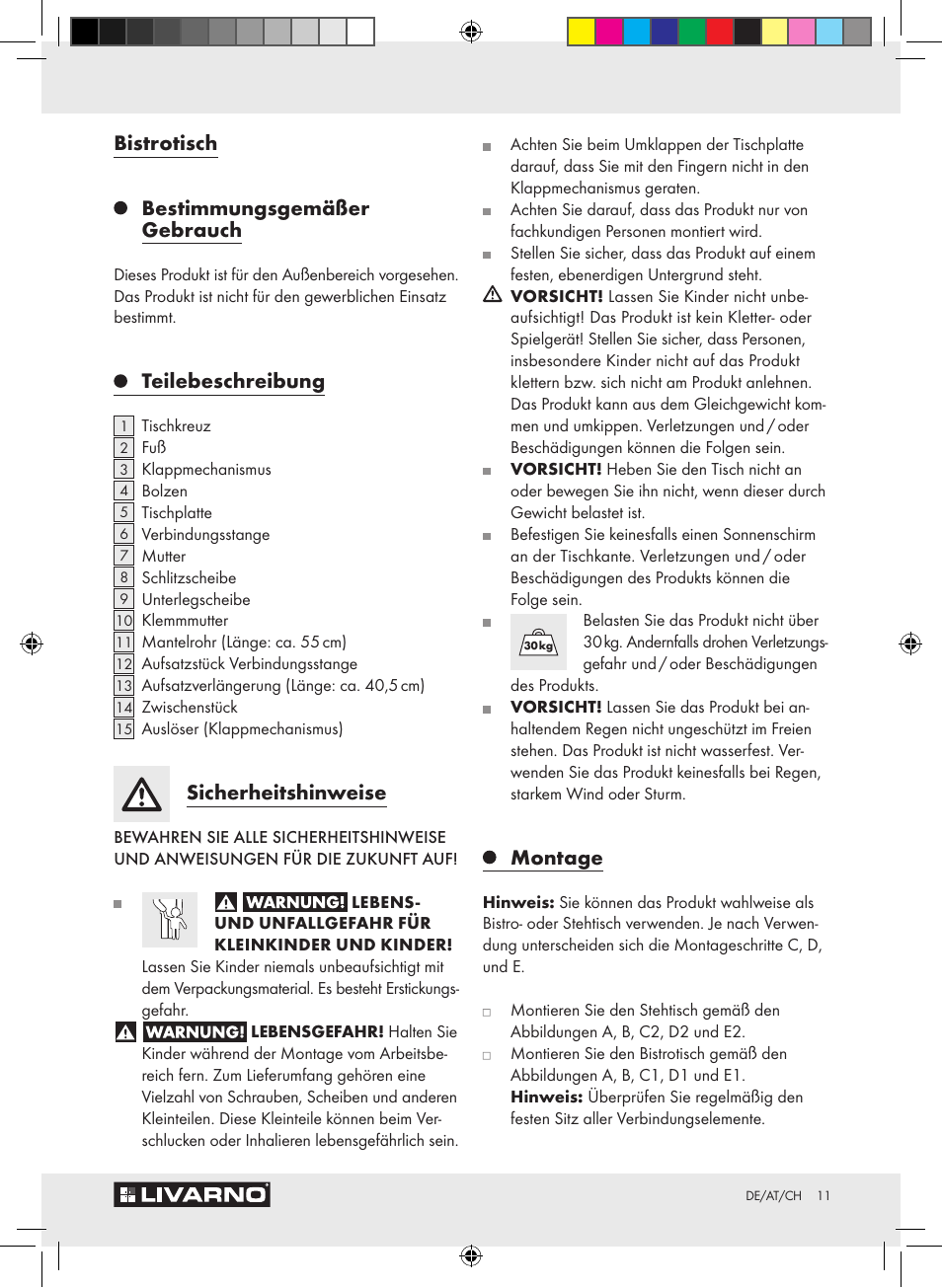 Bistrotisch bestimmungsgemäßer gebrauch, Teilebeschreibung, Sicherheitshinweise | Montage | Livarno Z15007 User Manual | Page 11 / 18