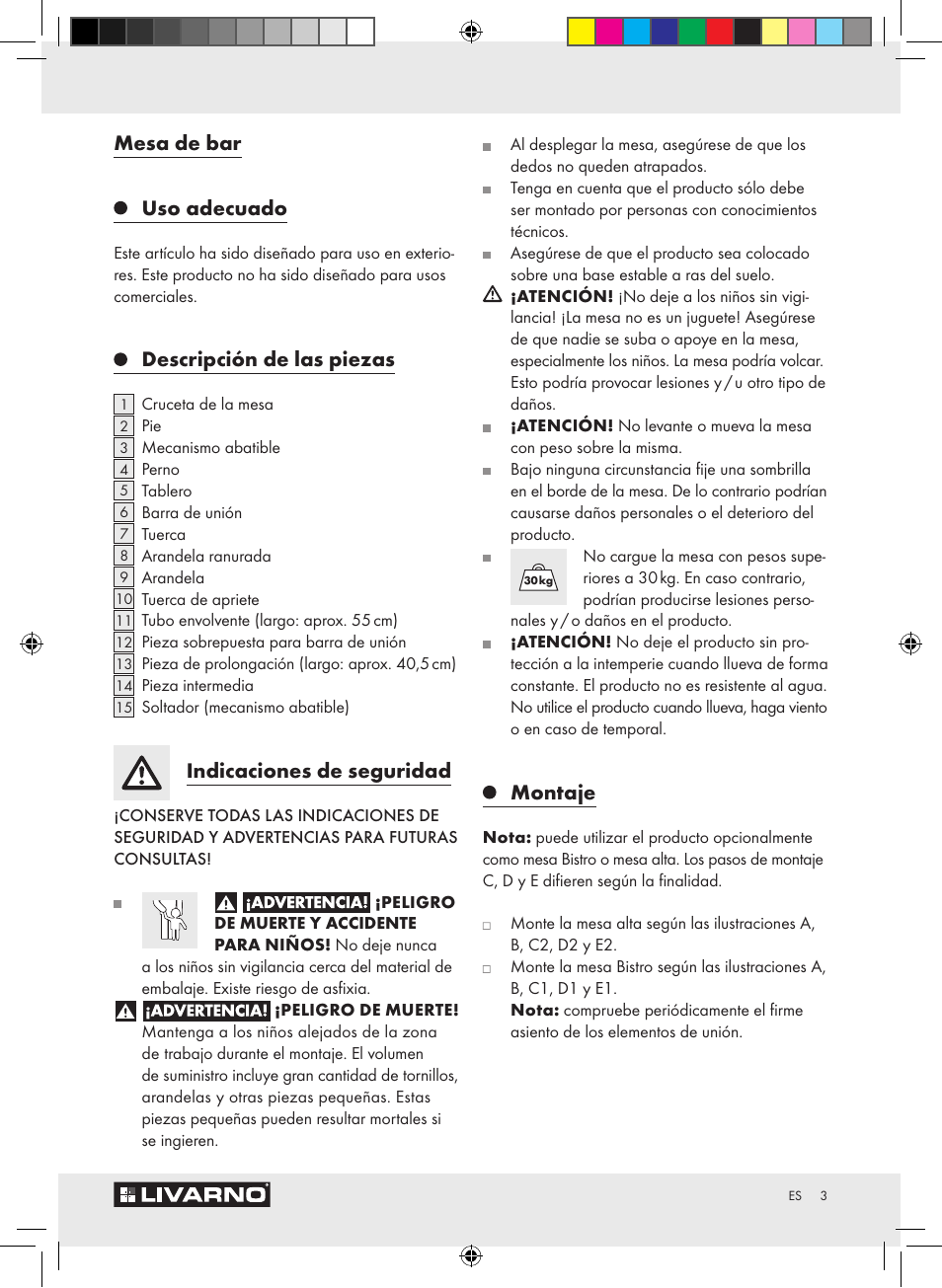 Mesa de bar uso adecuado, Descripción de las piezas, Indicaciones de seguridad | Montaje | Livarno Z15007 User Manual | Page 3 / 18