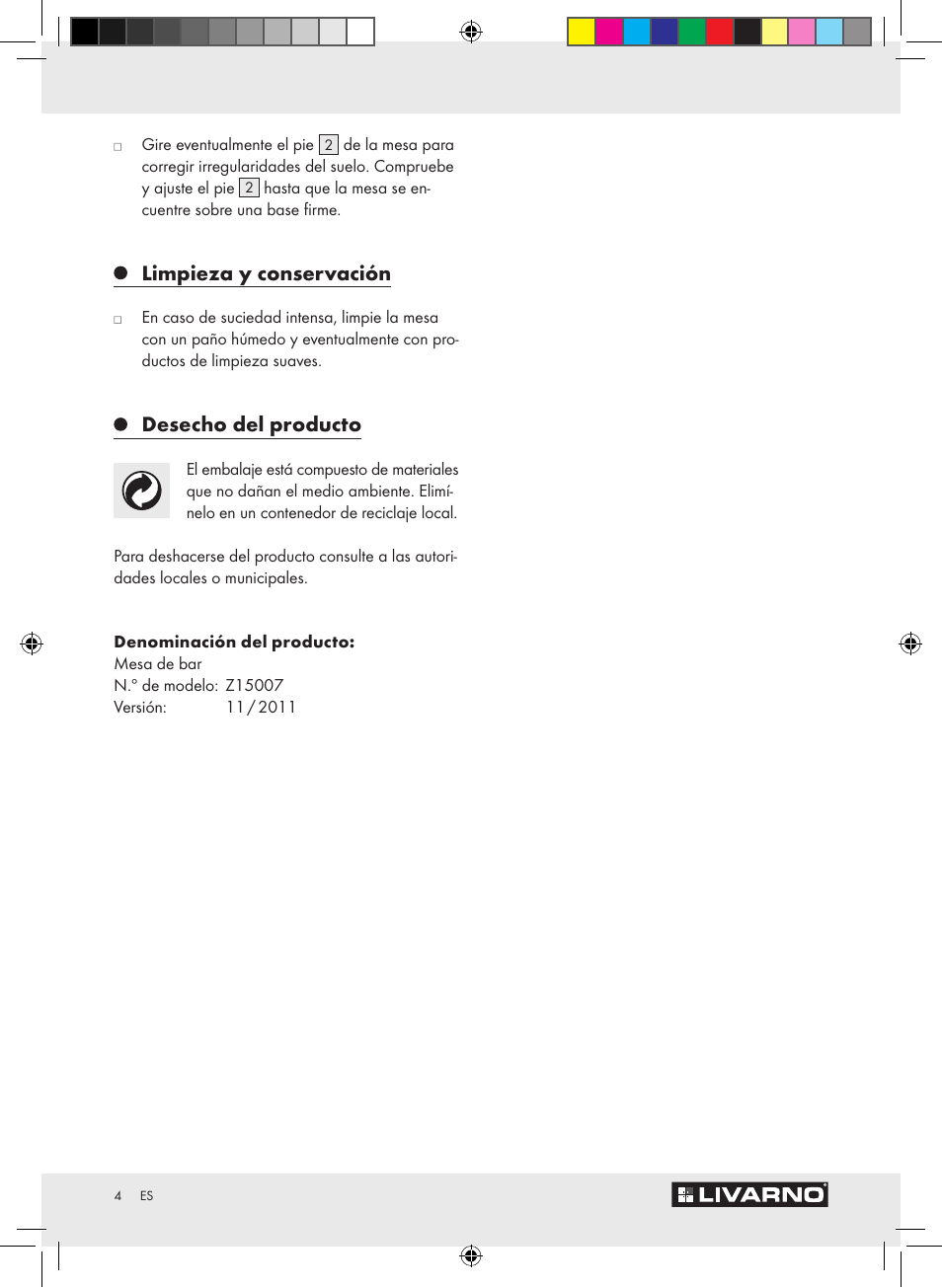 Limpieza y conservación, Desecho del producto | Livarno Z15007 User Manual | Page 4 / 18