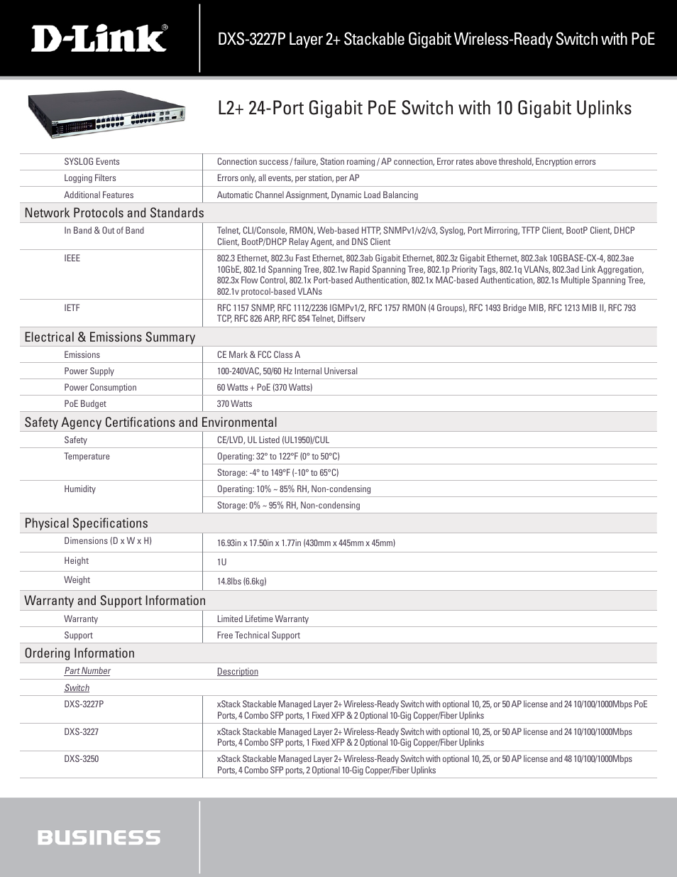 Network protocols and standards, Electrical & emissions summary, Safety agency certifications and environmental | Physical specifications, Warranty and support information, Ordering information | D-Link xStack DXS-3227P- User Manual | Page 4 / 5