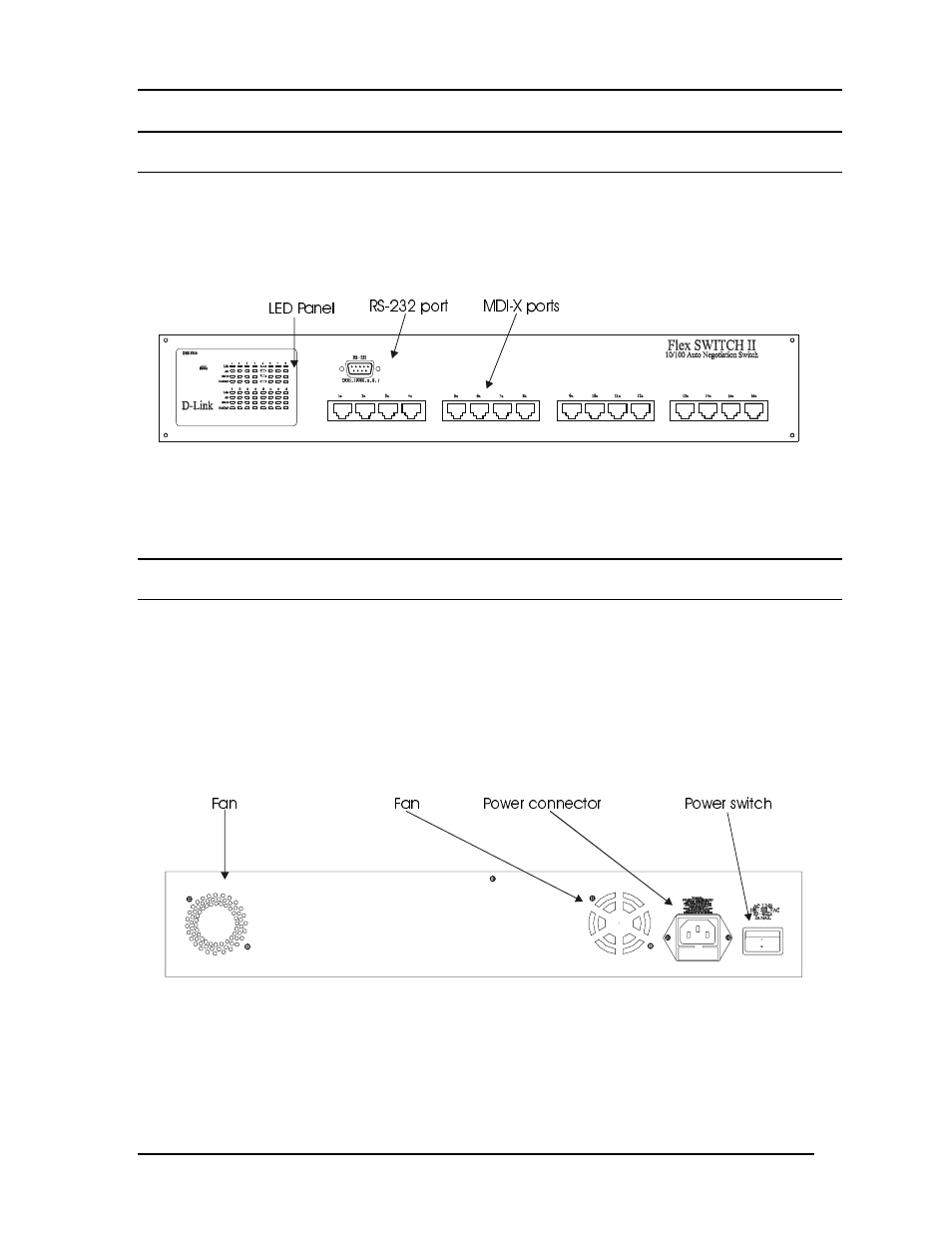 Front panel, Rear panel | D-Link DES-3216 User Manual | Page 11 / 70