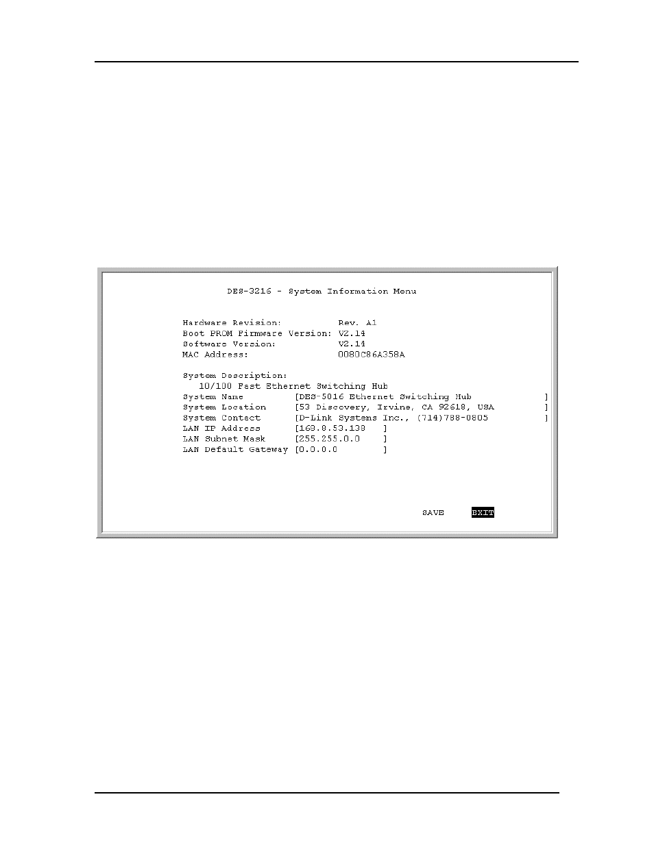 System information menu | D-Link DES-3216 User Manual | Page 29 / 70