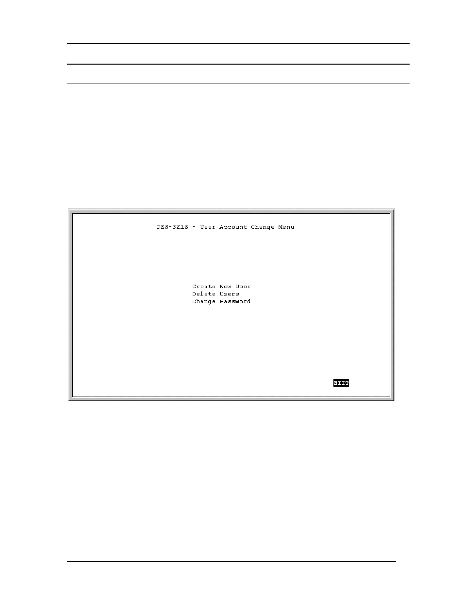 User account management, User account change menu, Create new user | D-Link DES-3216 User Manual | Page 39 / 70