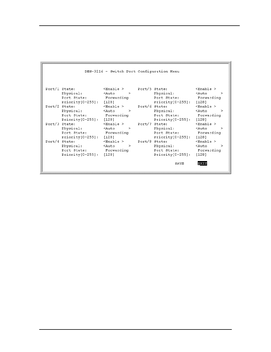 Switch port configuration menu | D-Link DES-3216 User Manual | Page 45 / 70