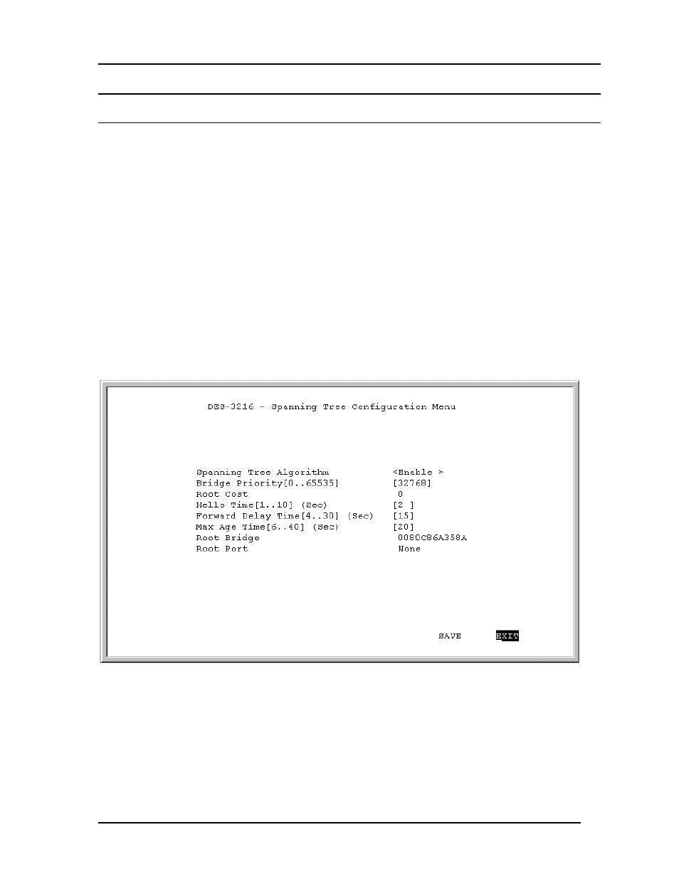 Spanning tree configuration, Sta operation levels, Spanning tree configuration menu | D-Link DES-3216 User Manual | Page 47 / 70