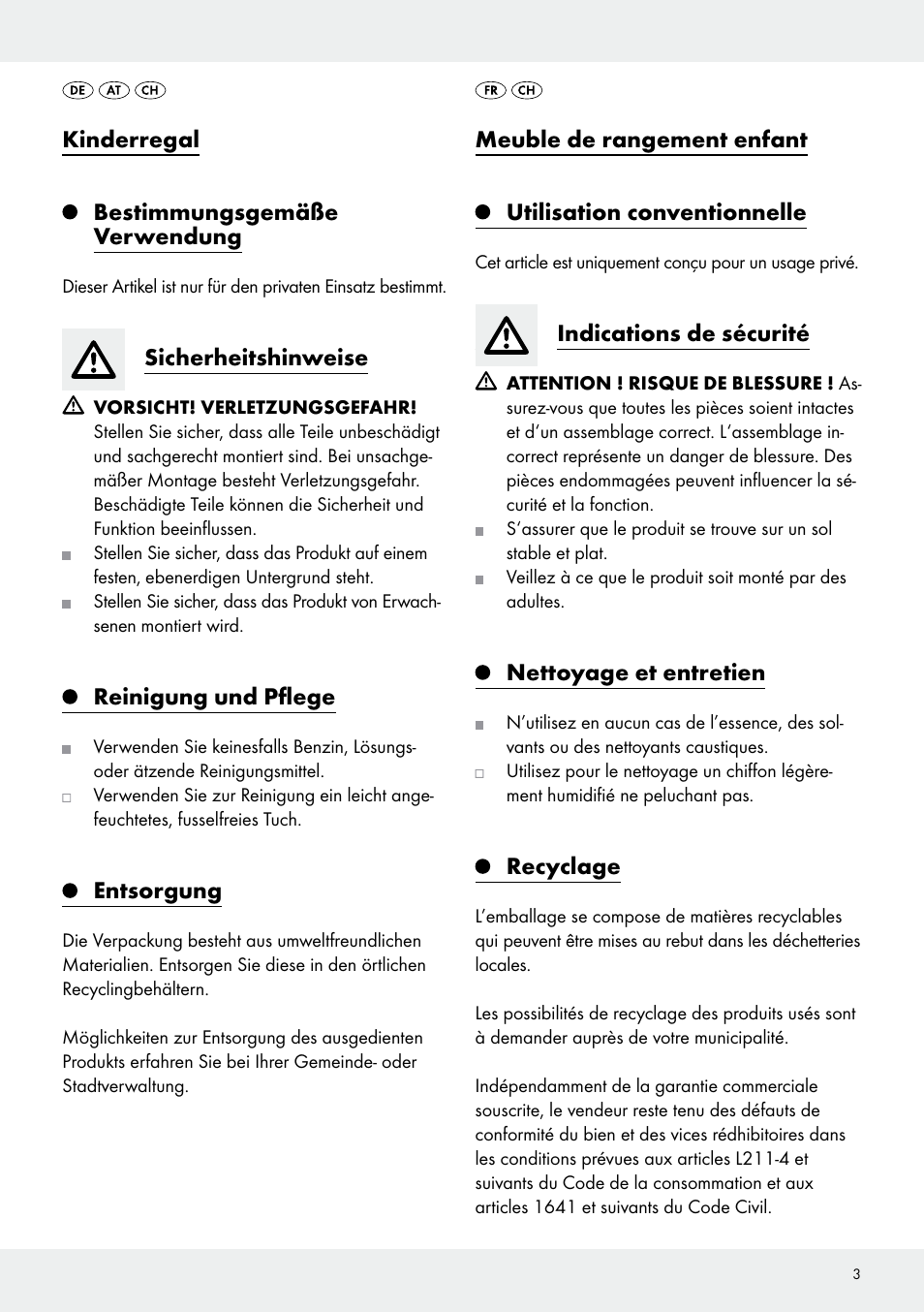 Kinderregal, Bestimmungsgemäße verwendung, Sicherheitshinweise | Reinigung und pflege, Entsorgung, Meuble de rangement enfant, Utilisation conventionnelle, Indications de sécurité, Nettoyage et entretien, Recyclage | Livarno Z31968A/Z31968B User Manual | Page 3 / 7