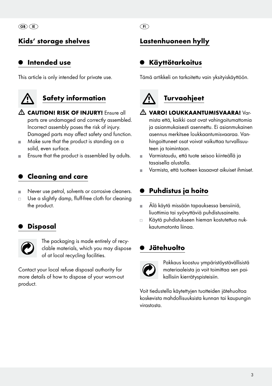 Kids’ storage shelves, Intended use, Safety information | Cleaning and care, Disposal, Lastenhuoneen hylly, Käyttötarkoitus, Turvaohjeet, Puhdistus ja hoito, Jätehuolto | Livarno Z31968A/Z31968B User Manual | Page 3 / 9