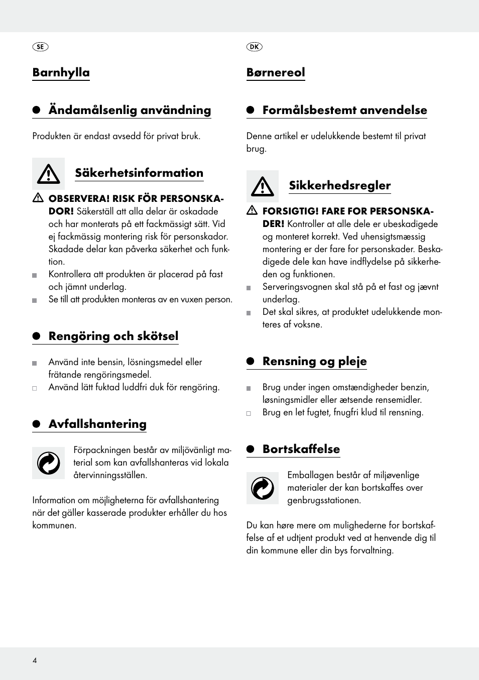 Barnhylla ändamålsenlig användning, Säkerhetsinformation, Rengöring och skötsel | Avfallshantering, Børnereol, Formålsbestemt anvendelse, Sikkerhedsregler, Rensning og pleje, Bortskaffelse | Livarno Z31968A/Z31968B User Manual | Page 4 / 9