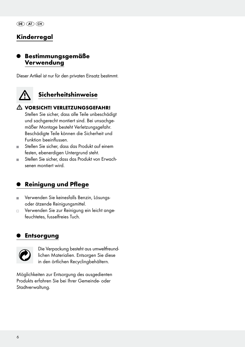 Kinderregal, Bestimmungsgemäße verwendung, Sicherheitshinweise | Reinigung und pflege, Entsorgung | Livarno Z31968A/Z31968B User Manual | Page 6 / 9