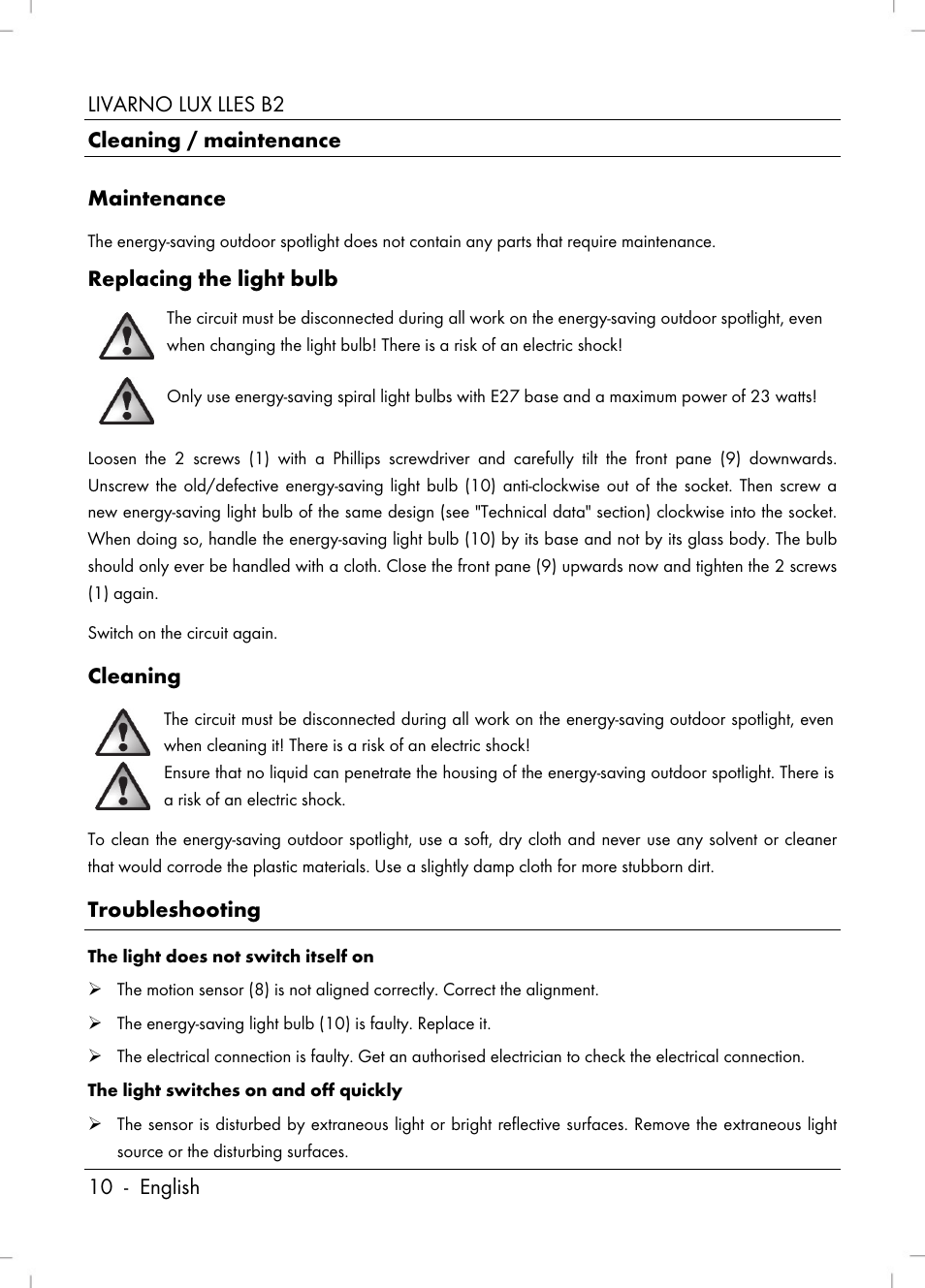 Replacing the light bulb, Cleaning, Troubleshooting | Livarno LLES B2 User Manual | Page 12 / 86