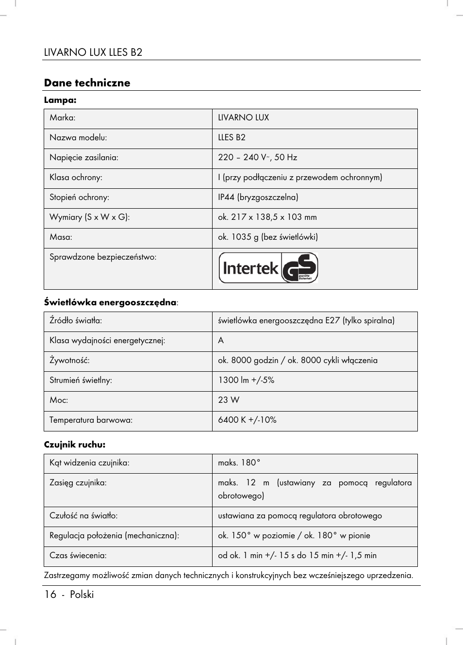 Livarno lux lles b2 16 - polski dane techniczne | Livarno LLES B2 User Manual | Page 18 / 86