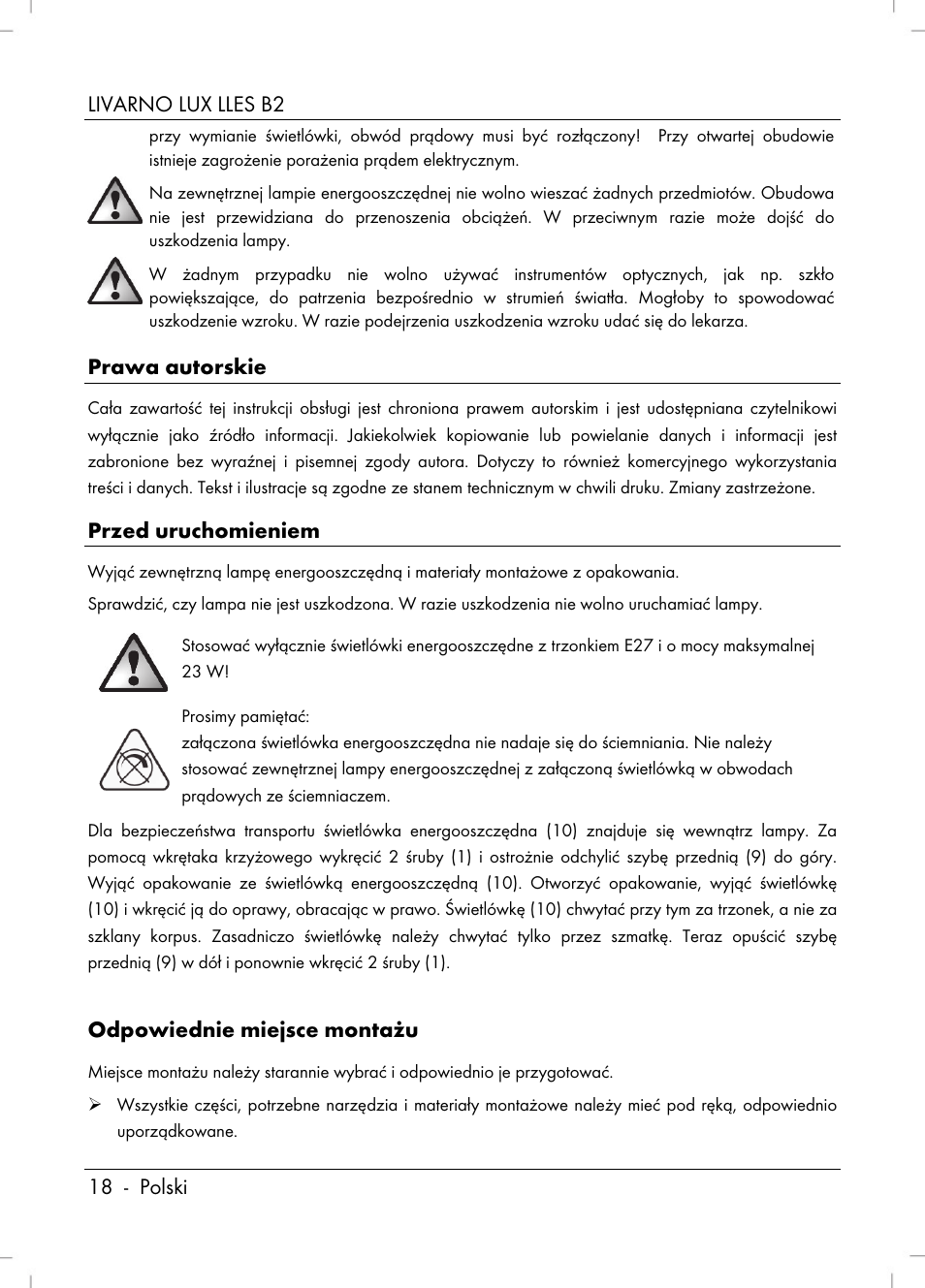 Livarno lux lles b2 18 - polski, Prawa autorskie, Przed uruchomieniem | Odpowiednie miejsce montażu | Livarno LLES B2 User Manual | Page 20 / 86