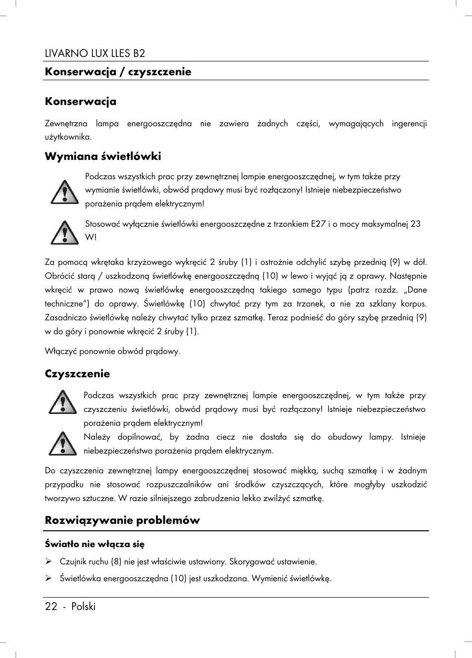 Wymiana świetlówki, Czyszczenie, Rozwiązywanie problemów | Livarno LLES B2 User Manual | Page 24 / 86