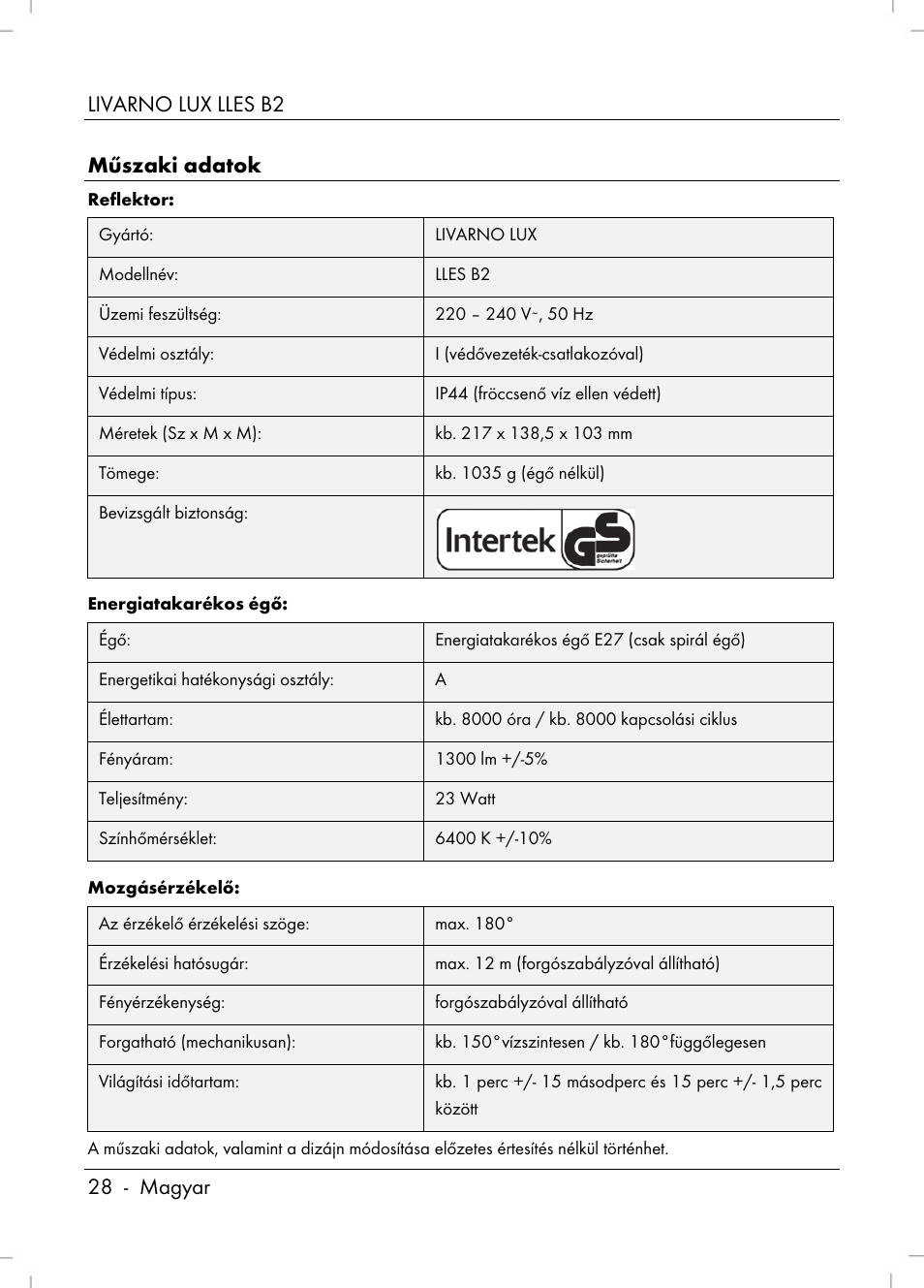 Livarno lux lles b2 28 - magyar műszaki adatok | Livarno LLES B2 User Manual | Page 30 / 86